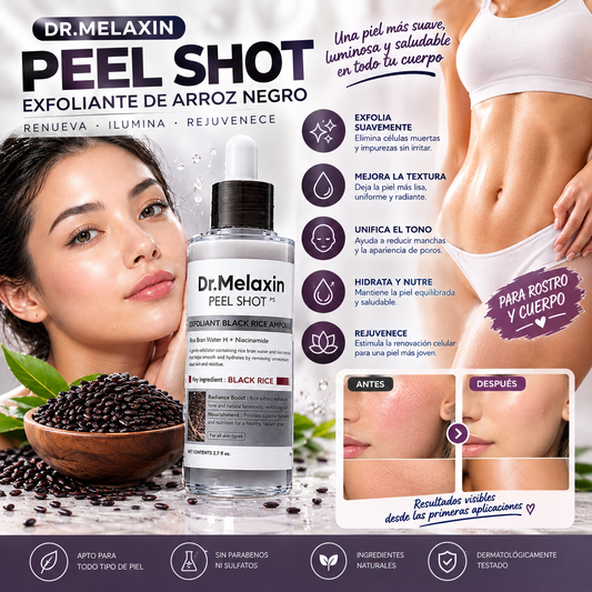 Dr.Melaxin Peel Shot Glow Black Rice 80ml. Exfoliante Suave para  Cuerpo y rostro. Elimina pieles muertas, es para todo tipo de pieles.
